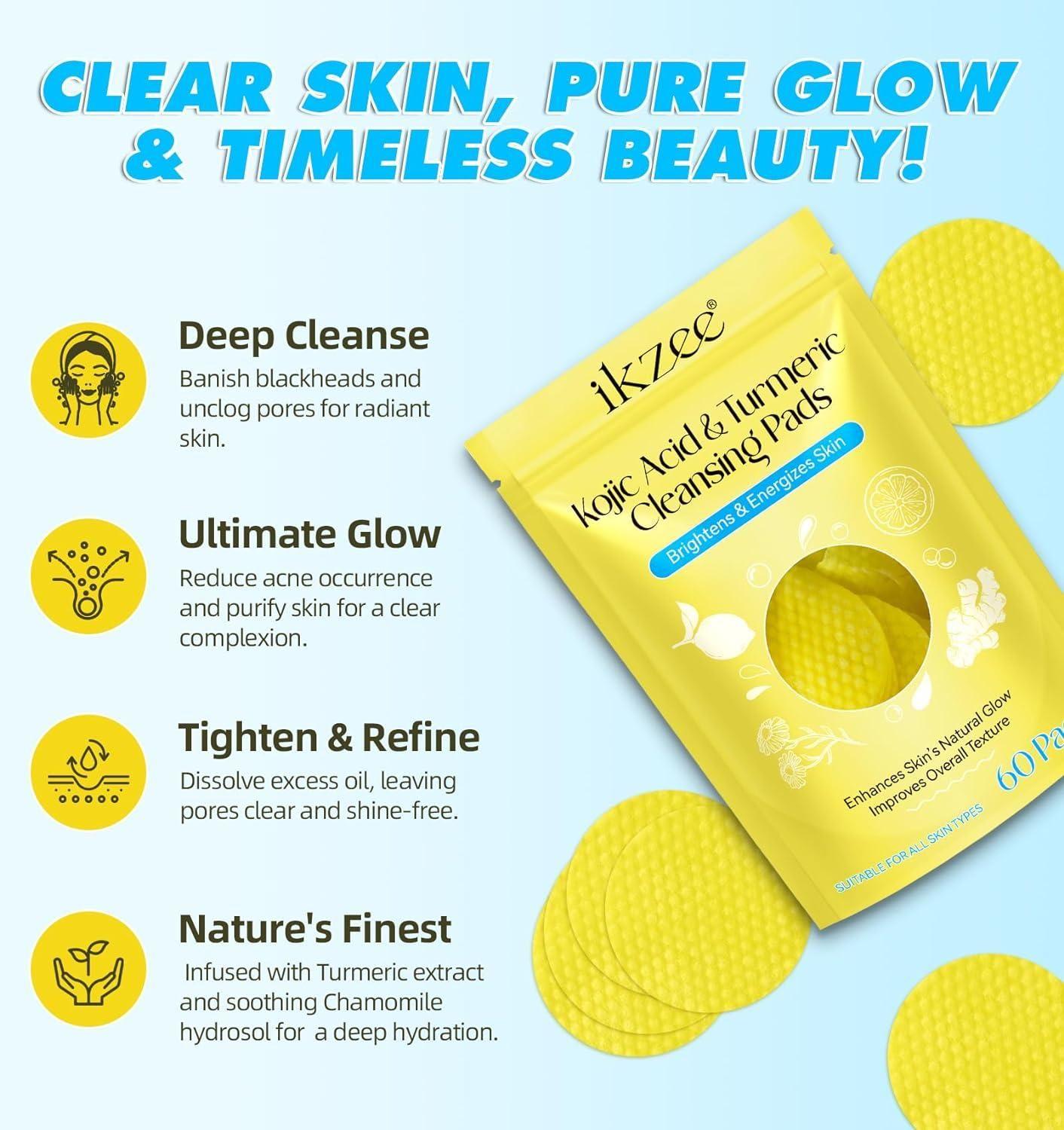"Turmeric & Kojic Acid Brightening Cleansing Pads – 60 Count | 4.9⭐ Rated by 10,000+ Verified Users | Fades Dark Spots & Evens Skin Tone"
