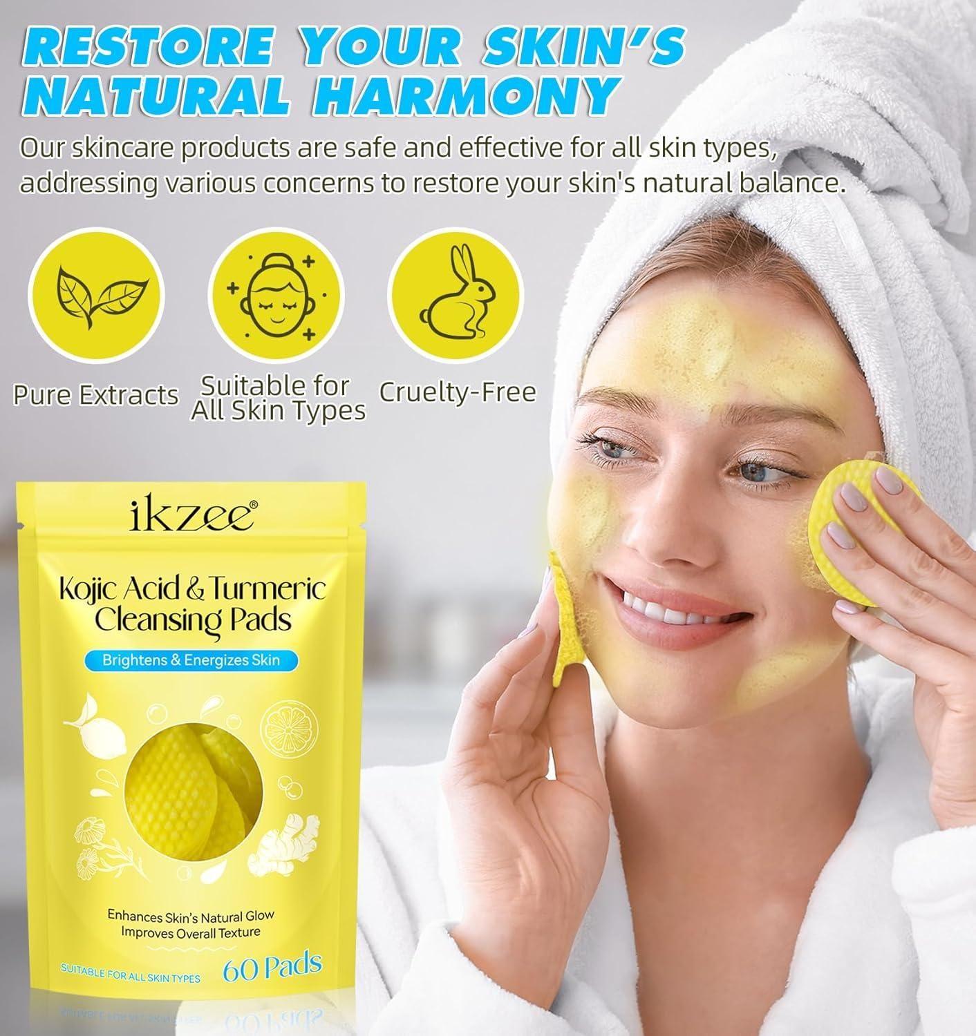 "Turmeric & Kojic Acid Brightening Cleansing Pads – 60 Count | 4.9⭐ Rated by 10,000+ Verified Users | Fades Dark Spots & Evens Skin Tone"